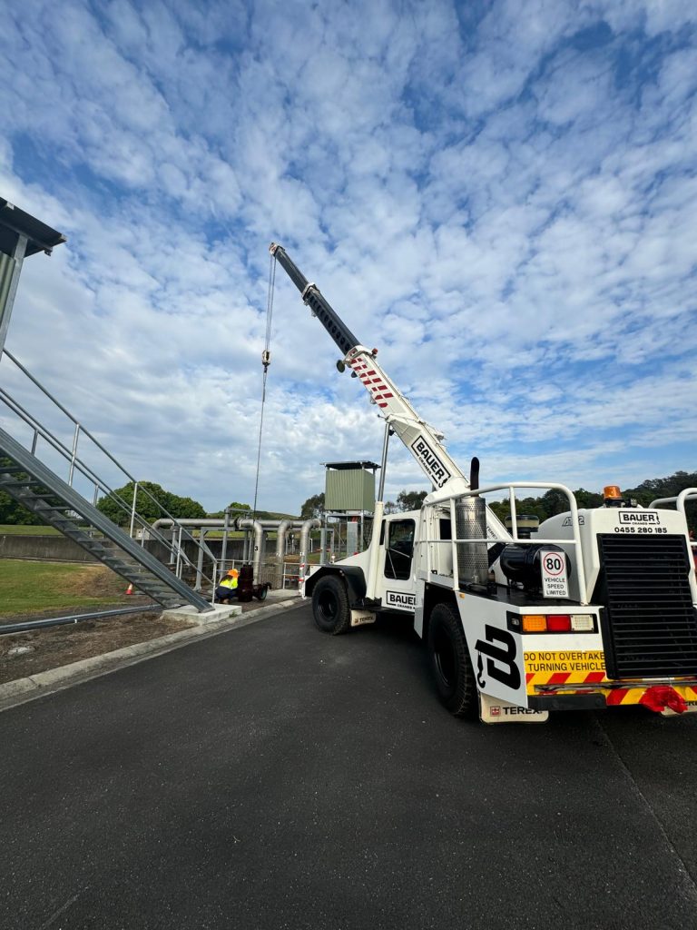 A crane on site owned and operated by Bauer Crane Hire, based in Ballina, Northern Rivers NSW